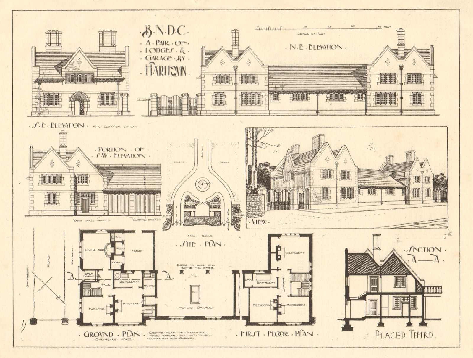 A pair of lodges & garage by Harlequin. Elevations, plans & sections 1907